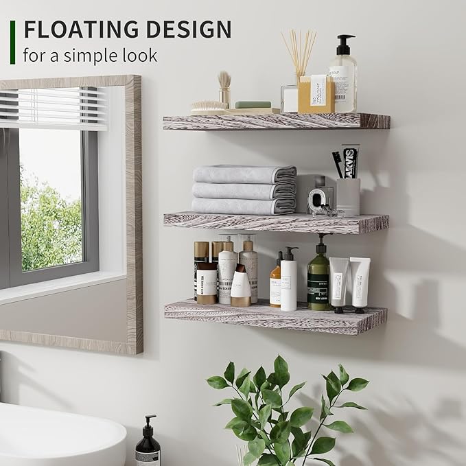 Marsmiles Wood Floating Shelves for Wall Set of 3, 17 Inch Wide Rustic Wooden Floating Shelves, Invisible Wall Mounted Display for Living Room Bedroom Kitchen Bathroom Office, Weathered
