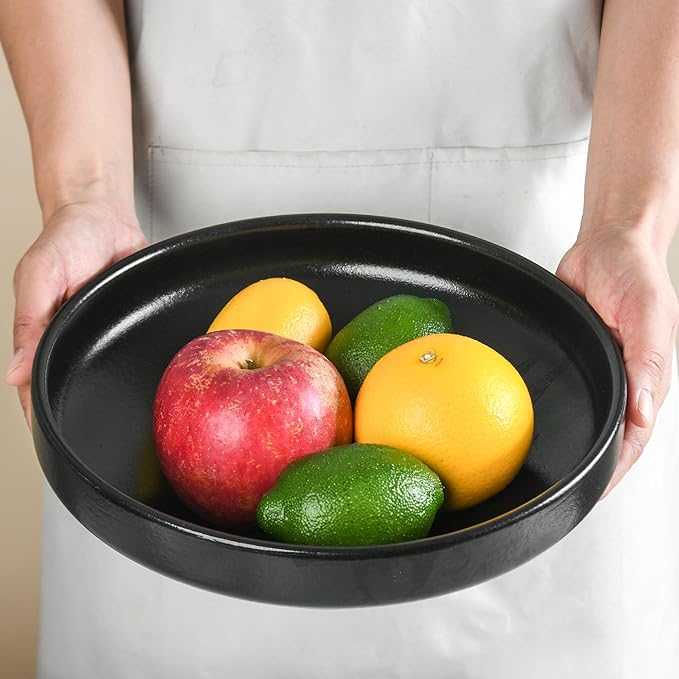 Ceramic Fruit Bowl for Kitchen Counter, 10.2" Large Modern Pedestal Bowl for Table Countertop, Footed Decorative Bowl for Home Decor (Black)
