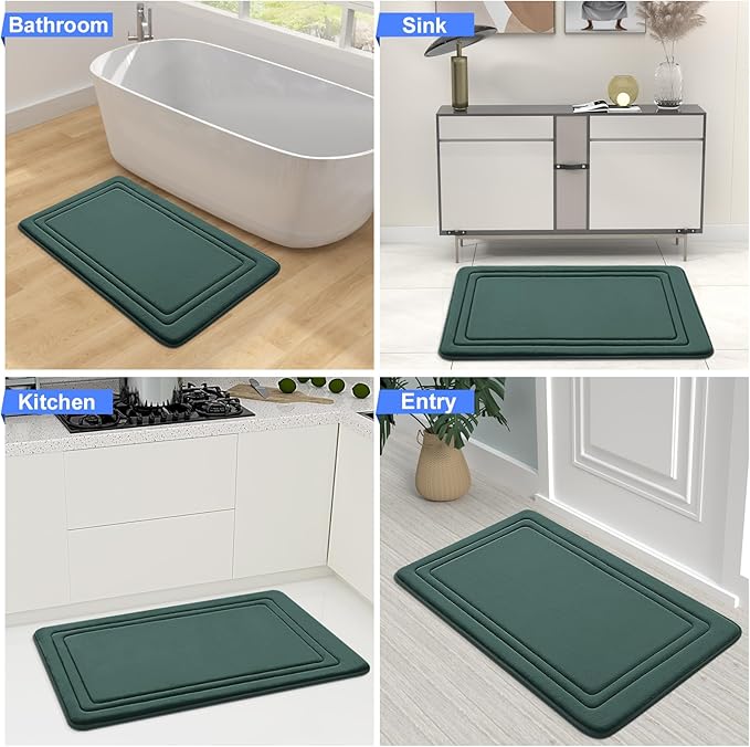 Grandaily Memory Foam Bath Mat Rug 24x16, Ultra Soft, Non-Slip and Absorbent Bathroom Rugs, Machine Wash Dry, Comfortable Bath Carpet for Bathroom Floor, Tub and Shower, Dark Green