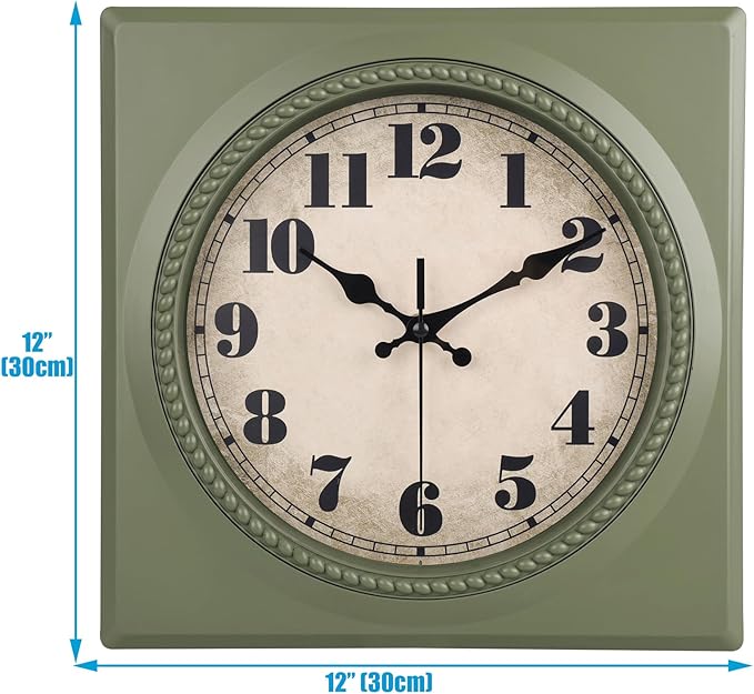 Vintage Wall Clock 1950s Style - Retro 50's Mid Century Square Wall Clocks Battery Operated for Kitchen Living Room Home Decor - 12 Inch, Olive Green