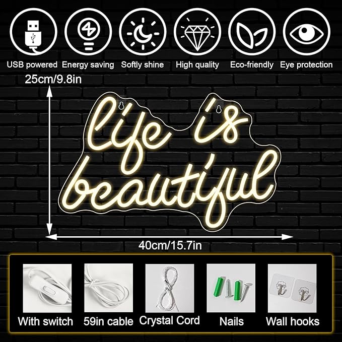 Life is Beautiful Neon Signs for Wall Decor, Letter Neon Lights for Bedroom, Led Sign with USB Powered for Livingroom, Wall Hanging Decor, Windows (Warm White)