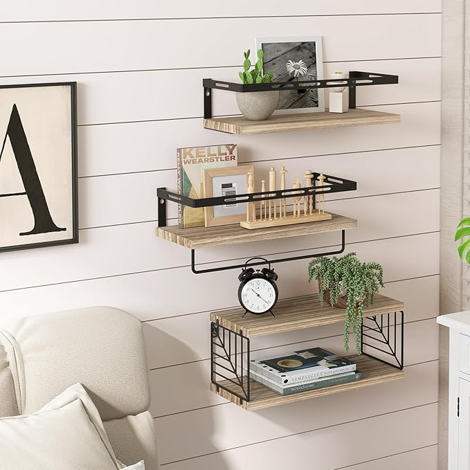 Fixwal 3+1 Bathroom Shelves Over Toilet, Floating Shelves Wall Mounted with Metal Frame and Towel Bar for Bathroom, Kitchen, Bedroom, Living Room (Rustic Brown)