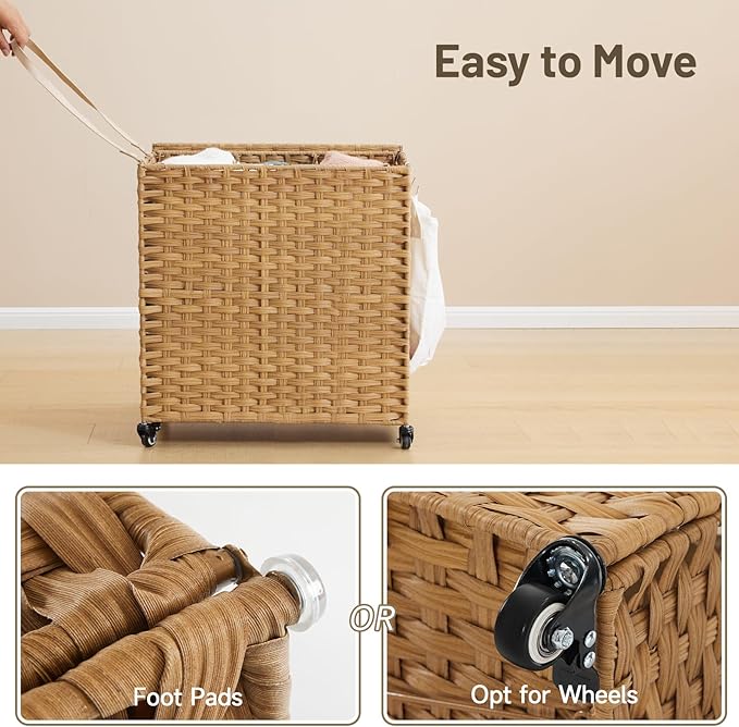 Laundry Hamper with Wheels, 39.6 Gallon(150L) Rolling Laundry Basket with Lid, 3-Section Rattan Clothes Hamper with 3 Removable Liner & 3 Mesh Bags, Laundry Sorter with Side Pocket, Natural