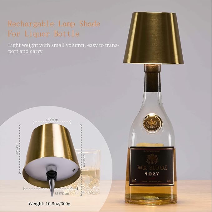 Rechargeable Bottle Lamp, LED Wine Bottle Light Ambient Light for Desk Table Bar Decor, Bottle Lamp Shade for Whiskey Wine Liquor Bottle, Shiny Gold