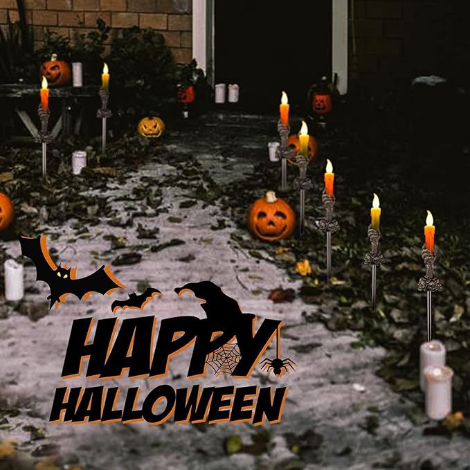 ILLUMINEW Halloween Decorations Outdoor, 5 Pack Solar Pathway Lights, LED Skull Hand Candle Holder, Outdoor Party Home Garden Porch Decor