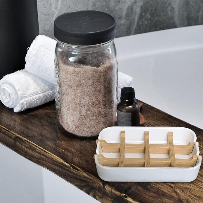 Aoheuo Modern Bamboo Fiber soap Holder and soap Dish Combination (Removable),5.12 Long by 3 Wide, 0.98 inches high, Used in Kitchens, bathrooms, and bar Sinks (Black(2 Pack))
