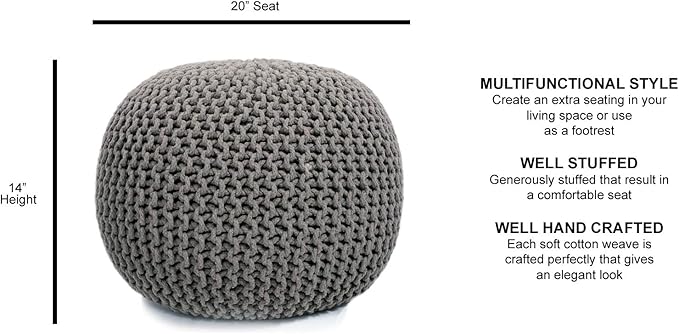 FRELISH DECOR Round Pouf Ottoman Hand Knitted 100% Cotton Pouf - Foot Stool - Knitted Bean Bag - Floor Chair for Living Room Bedroom - Foot Rest for Couch (20 Diameter x 14 Height) - Beige