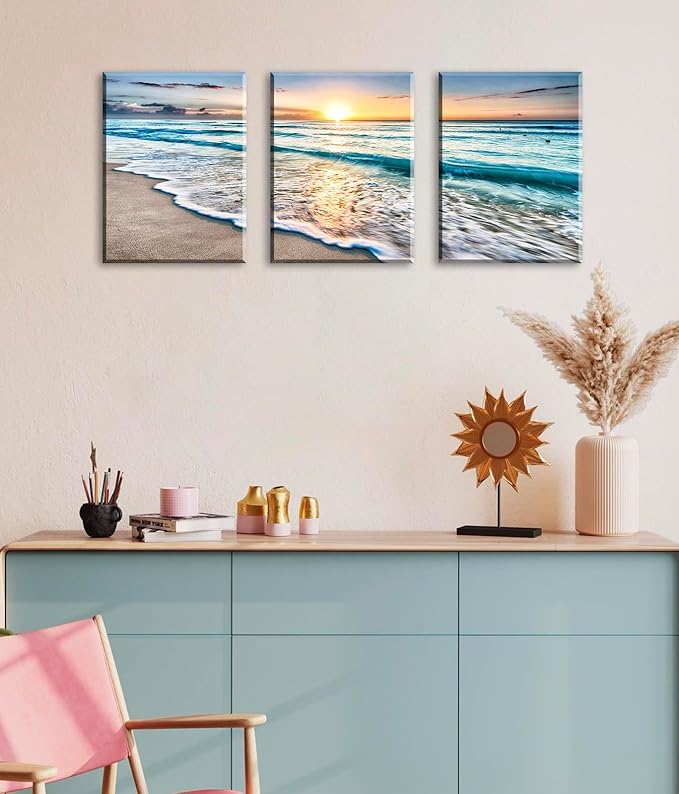 3Pcs Ocean Decor - Modern Beach Bathroom Decor Wall Art for Living Room Beach Decorations for Home Pictures Bedroom Canvas Seascape Paintings Deep Blue Sea Wave Sunset Framed