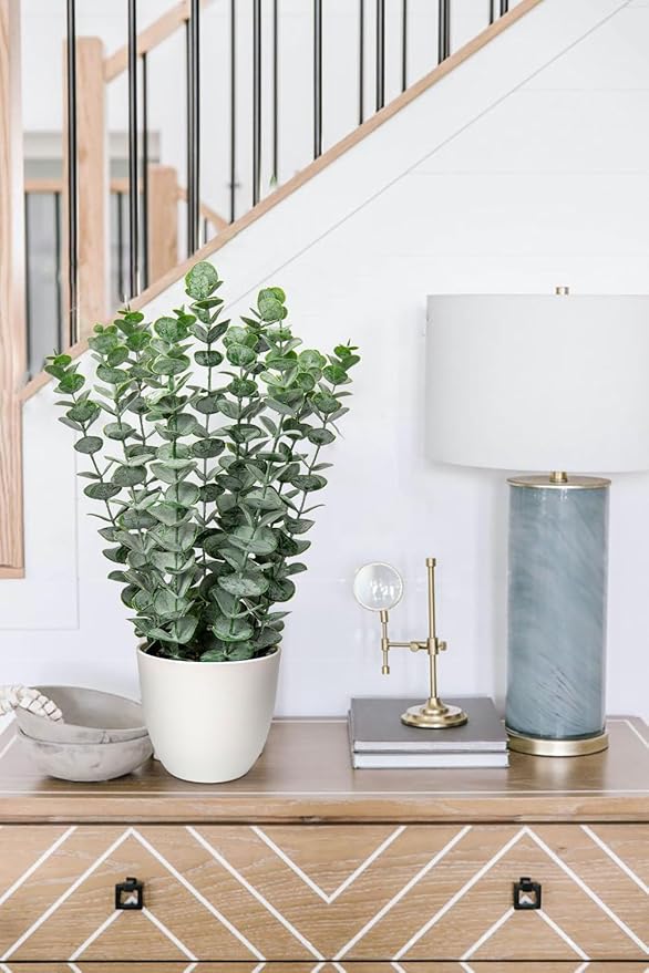 Briful 15.7'' Artificial Eucalyptus Plants in White Planter Pot Realistic Fake Plants Potted Faux Plant Indoor for Home Décor Farmhouse Centerpieces Patio Table