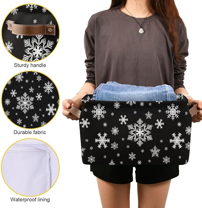 Winter Snowflake Black Storage Basket Fabric Kitchen Baskets Christmas Holiday Open Home Storage Bins Boxes Foldable Organizer Bag for Baby Cloth Xmas Baskets 16×12×8 Inches