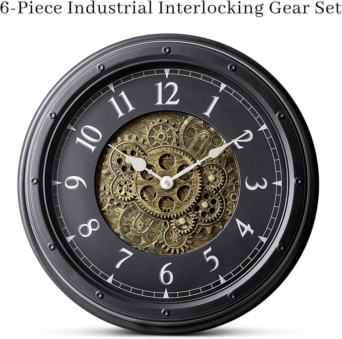 Wall Clock with Moving Gears, Vintage Industrial 16-Inch Silent Non-Ticking Steampunk Timepiece, Retro Frame Analog Battery Operated Rustic Mechanical Decor for Living Room, Home, Office, Loft (Black)