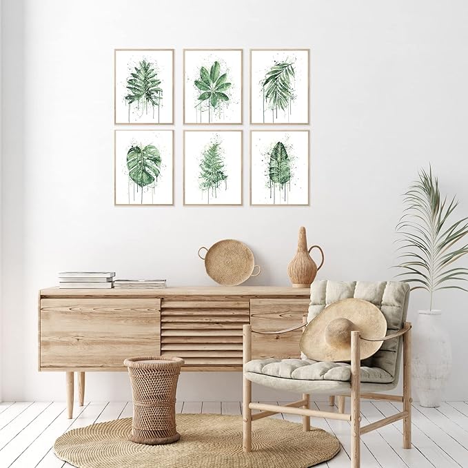 HoozGee Sage Green Leaf Poster Watercolour Splash Botanical Plant Wall Art Print Boho Plant Wall Decor Canvas Leaves Prints for Kitchen Bedroom Livingroom Office Wall Decor (11"x14" UNFRAMED)