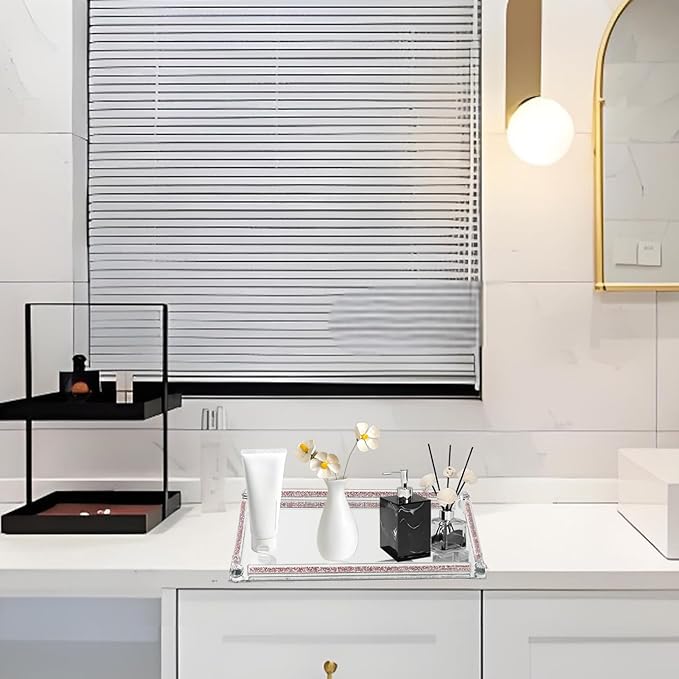 Mirrored Vanity Tray, Crushed Diamond Filled Crystal Glass Cosmetic Makeup Tray, Sparkle Perfume Jewelry Trinket Countertop Decorative Tray, for Home Party Hotel Banquet Dresser Bathroom Bedroom