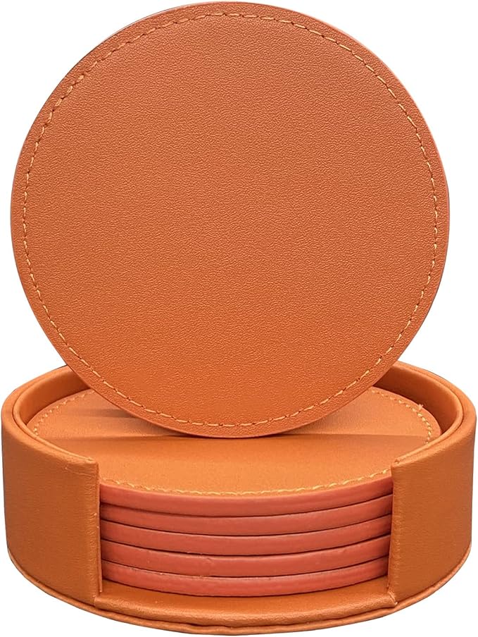 Coasters Set of 6 Soft Leather Drink Coaster Round Coaster with Sewing Around, Suitable for Various Cups, Wooden Tables,Home Decoration,4 Inches (Orange,Sewing Type)