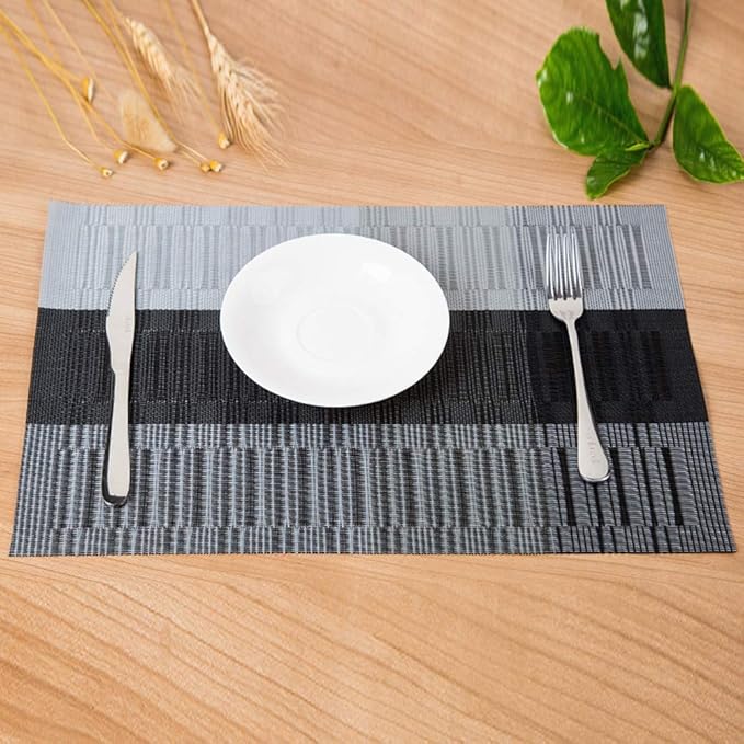 Placemats with Table Runner Set Place Mats, Woven Crossweave Vinyl Kitchen Tablemat, Washable PVC Table Mats for Dining Table, Parties, Farmhouse, Thanksgiving, Christmas & Gathering (Silver & Black)