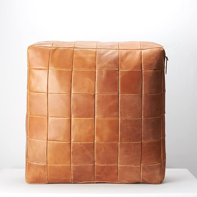 MARRAKESH STYLE Comfortable Leather Ottoman Pouf - Handmade Unstuffed Moroccan Pouf Cover - Square Pouf & Foot Rest Ottoman - Perfect for Living Rooms Bedrooms & Kids Room - Luxury Square Brown