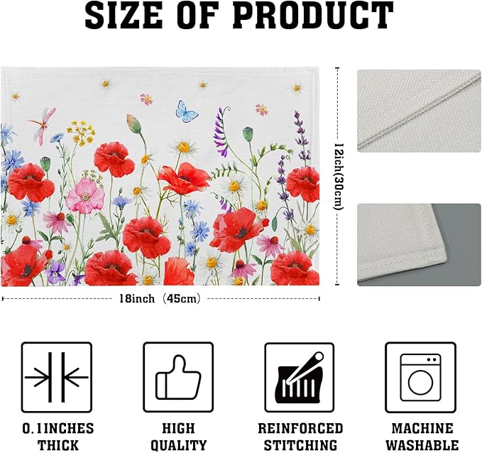 Red Poppy Floral Spring Place Mats Set of 4,Summer Flowers Leaves Place Mats Seasonal Table Mats for Party Kitchen Dining Decoration 12x18 Inch