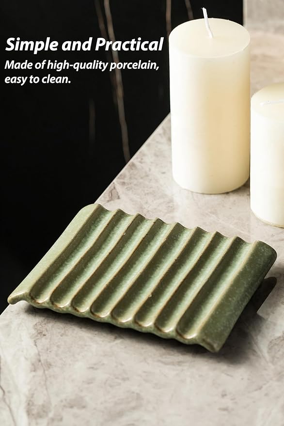 Soap Holder Soap Dish, Ceramic Soap Saver Bar Soap Tray Non-Slip Bathroom Accessories for Soap, Sponges, Scrubber, Razor, Green
