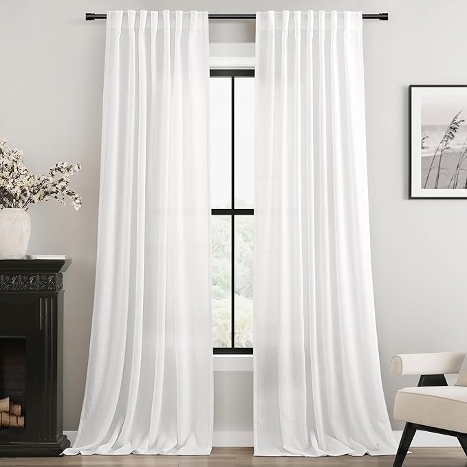 Linen White Curtains 86 inches Long for Bedroom Loop Pocket Privacy Light Filtering Semi Sheer White Boho Farmhouse Curtain Drapes Cotton Textured Modern Elegant Coastal Living Room Decor Pure White