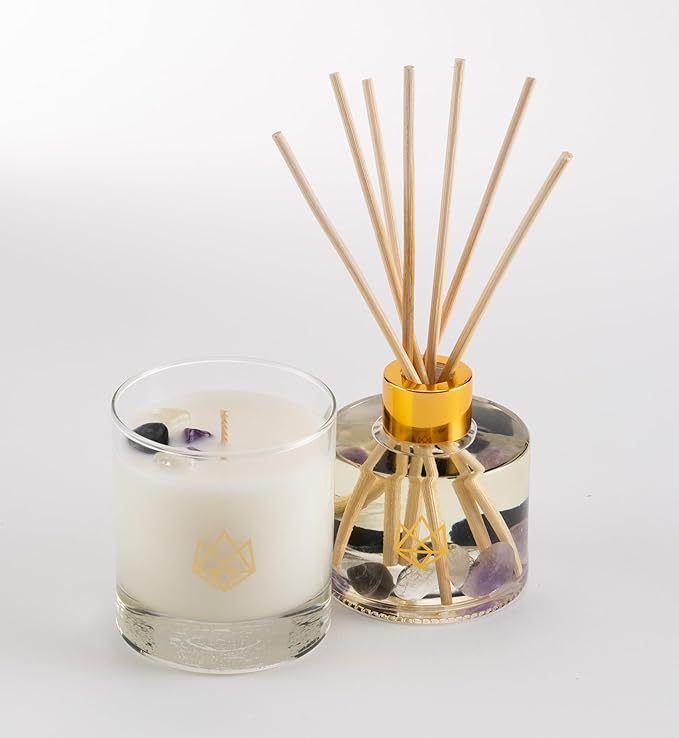Luxury Candle & Diffuser Set, Transformation - Amethyst, Black Tourmaline & Clear Quartz Crystal Infused - Scents of Jasmine, Bergamot, Vanilla, & Cedar