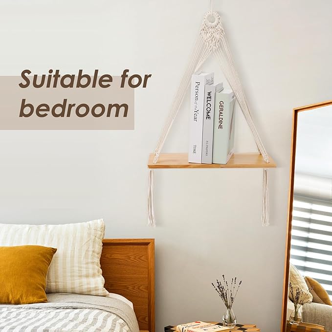 Macrame Wall Hanging Shelf Set of 2,Boho Wooden Display Floating Shelves for Wall Decor with Handmade Woven Rope,Farmhouse Rustic Plant Shelf for Bedroom Dorm Nursery Living Room Bathroom