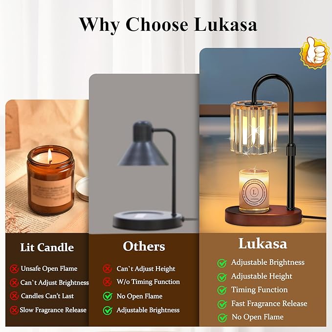 Lukasa Candle Warmer Lamp, with Timer Dimmer Adjustable Height, Birthday Gifts for Women, Mothers Day Gifts for Mom, House Warming Gift New Home, Wax Melt Warmer for Scented Jar Candles, with 2 Bulbs