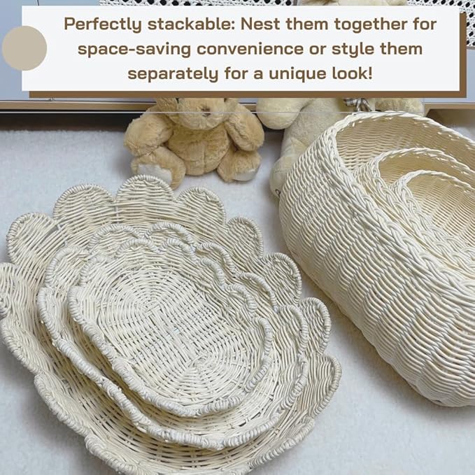 Scalloped Basket with Lid Set of 3,Storage Boxes for Shelves,Decorative Storage Boxes With Lids,Rattan Storage, Shelf Baskets Set for Organizer