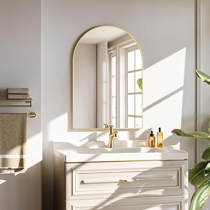 Arched Wall Mirror, 20 x 30 inch Arch Bathroom Mirror, Wall Mounted Vanity Mirror with Arch Metal Frame, Modern Bathroom Vanity Mirror for Bedroom, Living Room, Hanging or Leaning, Gold
