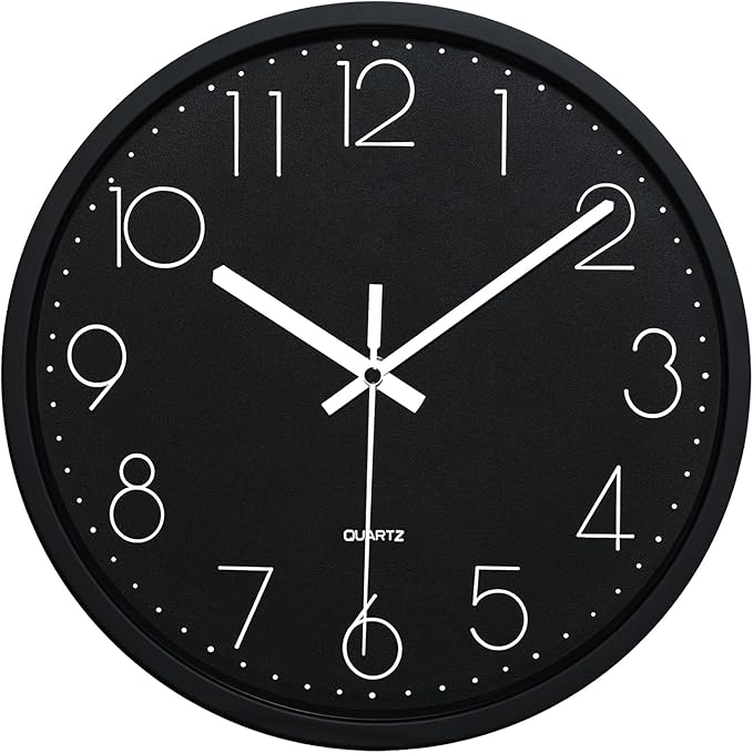 Plumeet 10'' Wall Clock, Bedroom Wall Clocks Battery Operated, Silent Quartz Small Clock Decorate Kitchen Living Room, 3D Numbers Display Easy to Read, Black