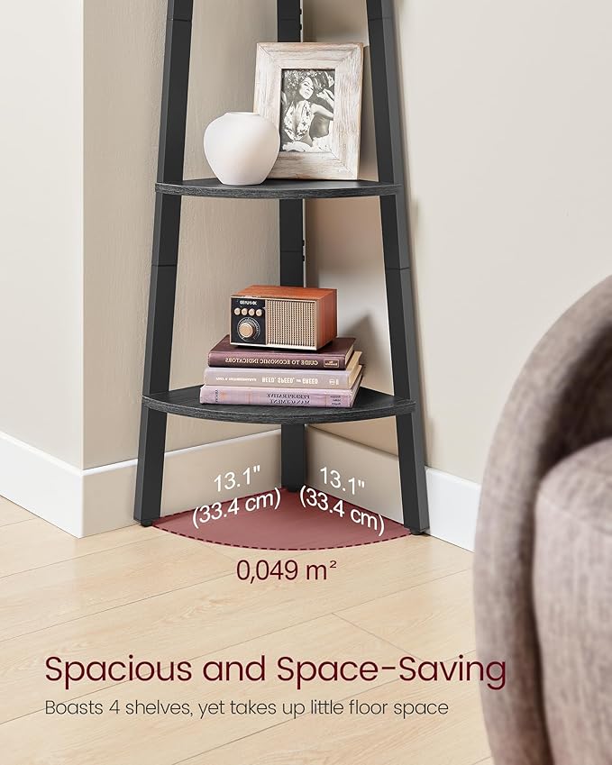 VASAGLE Corner Shelf Stand, 4-Tier Corner Bookshelf, Industrial Ladder Shelf, Plant Stand for Living Room, Office, Kitchen, Charcoal Gray and Matte Black ULLS034B22