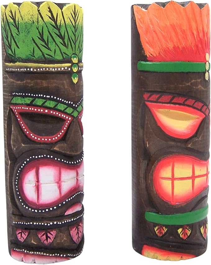 Painted Tiki Wooden Statues, Freestanding, Beach Décor, Set of 2 Assorted Colors, 12 Inches High