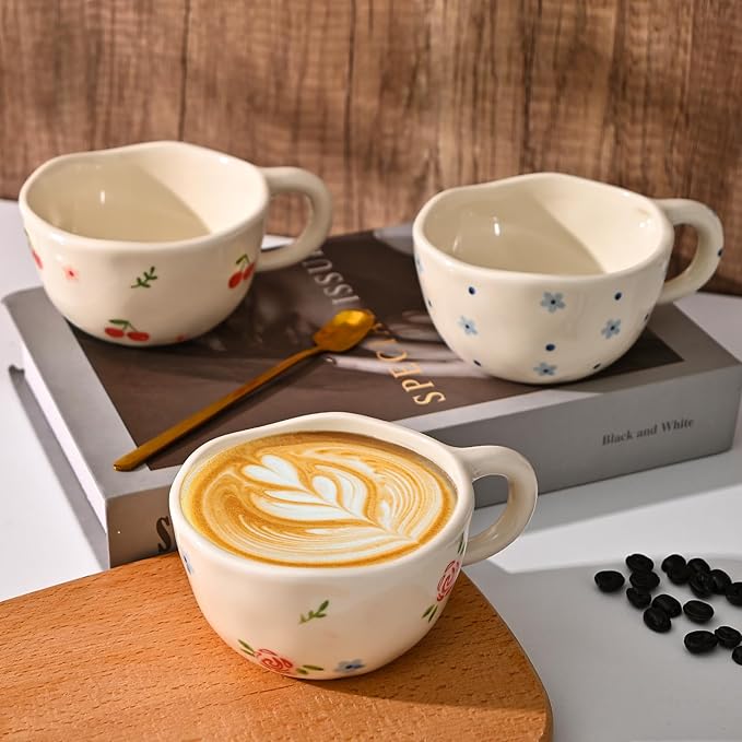 Koythin Ceramic Coffee Mug, Handmade Hot Chocolate Mugs, Cute Cup for Girl Women, Aesthetic Tea Milk Cup with Handle, 8.5 oz/250 ml for Latte, Cocoa, Office, Home (Dot Blue Flower)