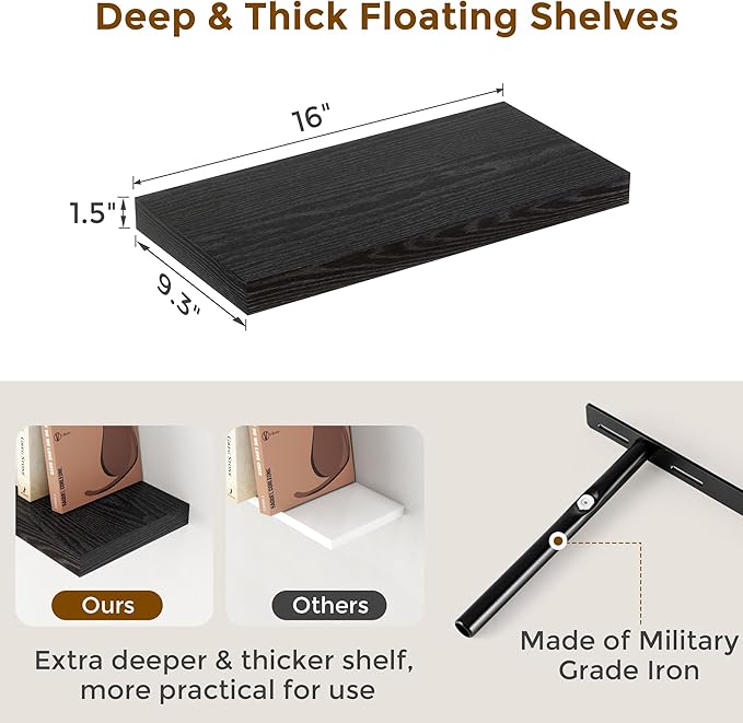 Fun Memories Black Floating Shelves, 9 Inch Deep Floating Shelves for Wall, 16" x 9" Wall Shelves Set of 2, Deep Bathroom Shelves for Home Storage, Wide Black Floating Shelf for Living Room, Kitchen
