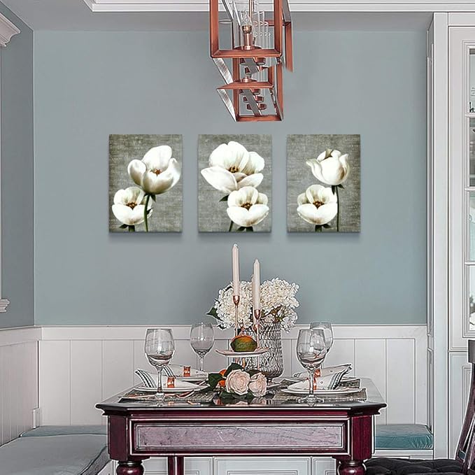 Living Room Wall Decor Canvas Wall Art For Bedroom Bathroom Wall Painting Artwork Gray Green Vintage Style White Flowers Abstract Pictures Wall Decorations For Kitchen 3 Panels Modern Family Decor