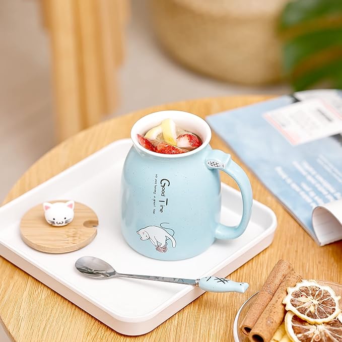 SHENDONG 2 Pack Cat Mugs Cute Ceramic Coffee Cups Set of 2 with Kawaii Bamboo Lid and Spoon Novelty Morning Cup Coffee Milk Tea Mugs - 3d Animal Cat Mugs for Cat Lovers Women Gifts(Blue and Yellow)