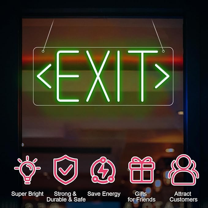 Exit Neon Sign For Business Way Out Led Closed Sign Light, Green Letter Neon Signs For Building Hotel Restaurant Bar Supermarket Mall Museum Coffee Sign For Pizza Store Atm Party Supplies