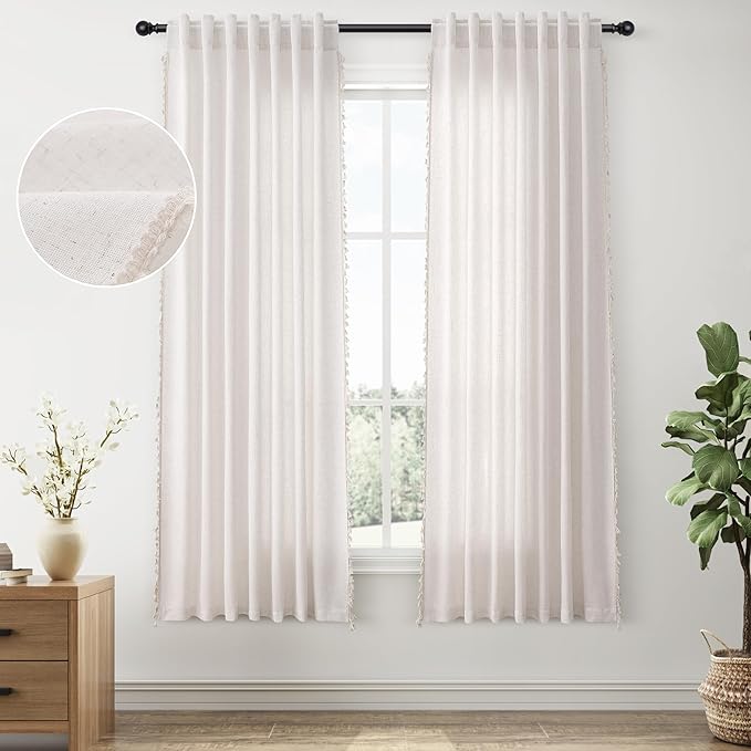 Natural Cream Linen Short Curtains 54 Inches Long 2 Panels Boho Farmhouse Semi Sheer Curtains Tassels Back Tab Top Neutral Light Beige Light Filtering Chic Curtain for Living Room Bedroom 52x54