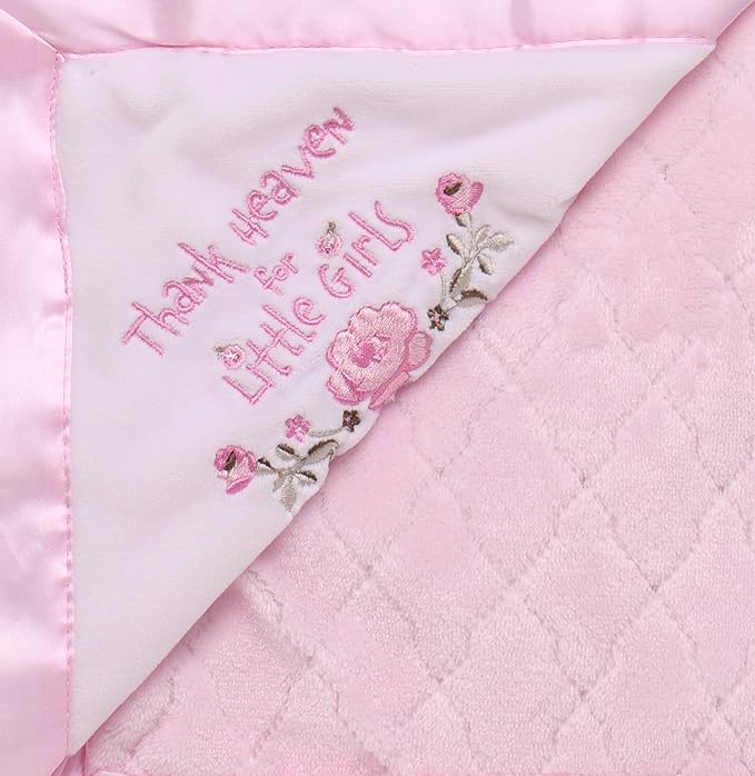 Little Me 2-Ply Baby Blanket with Thank Heaven for Little Girls Embroidery and Satin (Pink, 30 in. x 40 in.)