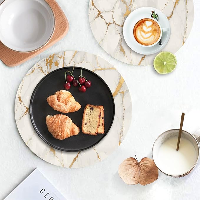 Round Leather Placemats Set of 4 PU Waterproof Non-Slip Washable Heat Resistant Place Mat for Kitchen Dining Table - Marble Gold Line