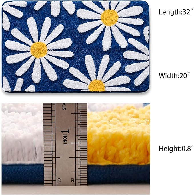 QJHOMO Navy Blue Bathroom Rugs Cute Daisy Bath Mat White and Yellow Flower Decor Rug Non Slip Floor Carpet Microfiber Bathmat Super Absorbent Machine Washable Bathtub Mats for Shower (20x32 inch)