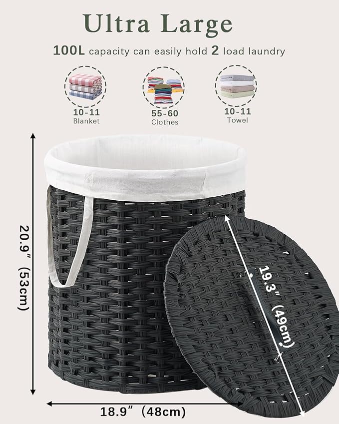Laundry Hamper with Lid Wicker Laundry Hamper Round 26.5 Gal (100 L) Laundry Basket Handwoven Rattan Laundry Basket with Removable Bag Handles 2 Mesh Bags for Living Room Bedroom Black