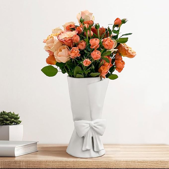 White Ceramic Bow Vase Unique Cute Decorative Bouquet Flower Vases 9.64 in
