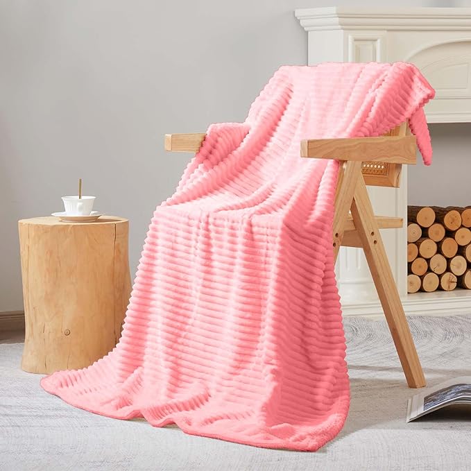 Bnuitland Light Pink Flannel Throw with Storage Pouch,300GSM Super Soft Fleece Stripe Pattern Sofa Blanket for Adults and Kids, Lightweight Cozy Bed Throw for Home Decor All Season