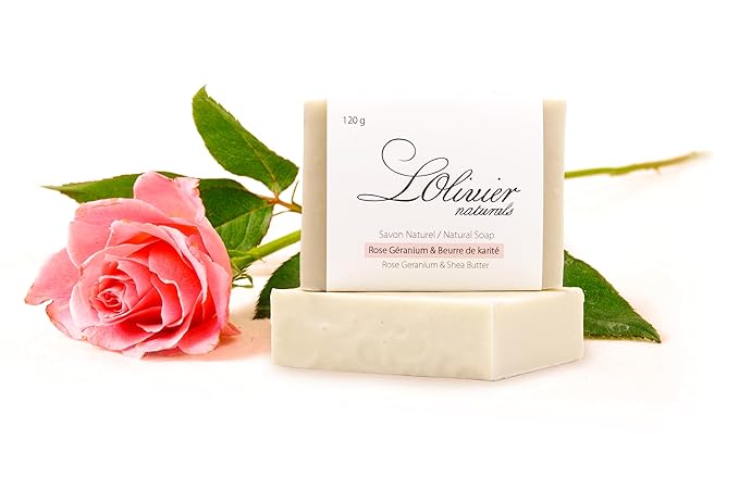 L'OLIVIER NATURALS Rose Geranium Bar Soap – 2 Pack, Handmade Natural Soap with Essential Oils – Floral Scented, Vegan, Gentle Cleanser for Face & Body, Made in Canada
