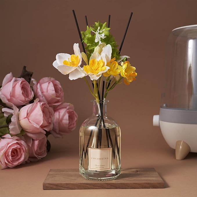 COCORRÍNA Reed Diffuser - Clean Linen 8.5 Fl.oz/ 250ml Flower Diffuser with 8 Sticks, Reed Diffusers for Home Bathroom Shelf Decor (Botanical Flower Collection)