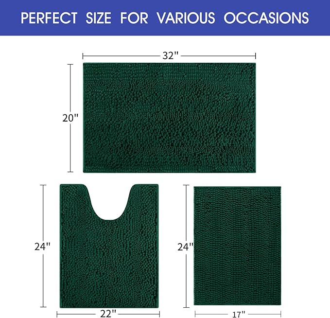 Striped Deep Green Bathroom Rug Set 3 Pieces Ultra Soft, Non Slip Chenille Bath Carpet, Absorbent Plush Shaggy Bath Mats for Bathroom, Toilet, Bedroom, Kitchen