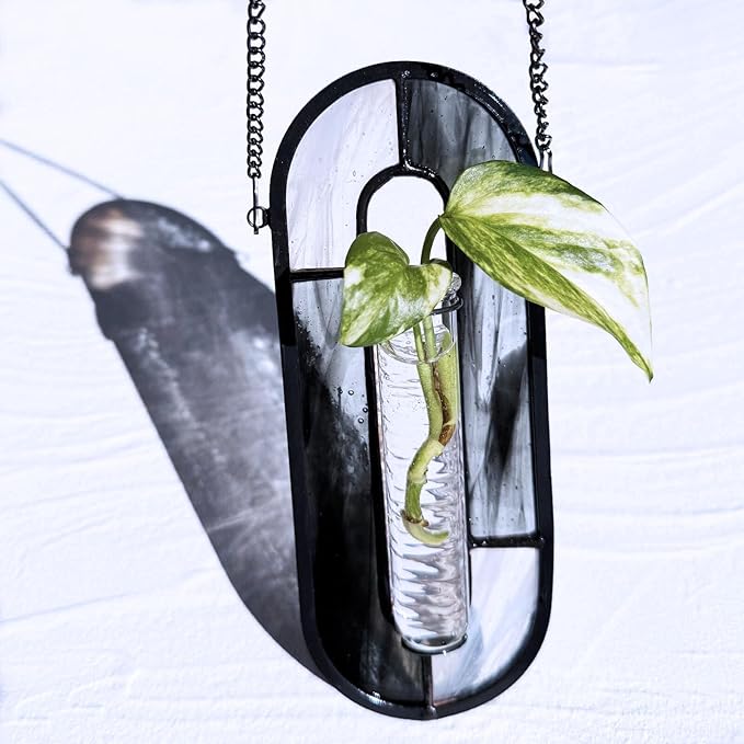 LITMIND Stained Glass Propagation Station - Handcrafted Translucent Suncatcher Planter with 2 Tubes, Hanging Hydroponic Décor for Windows & Garden