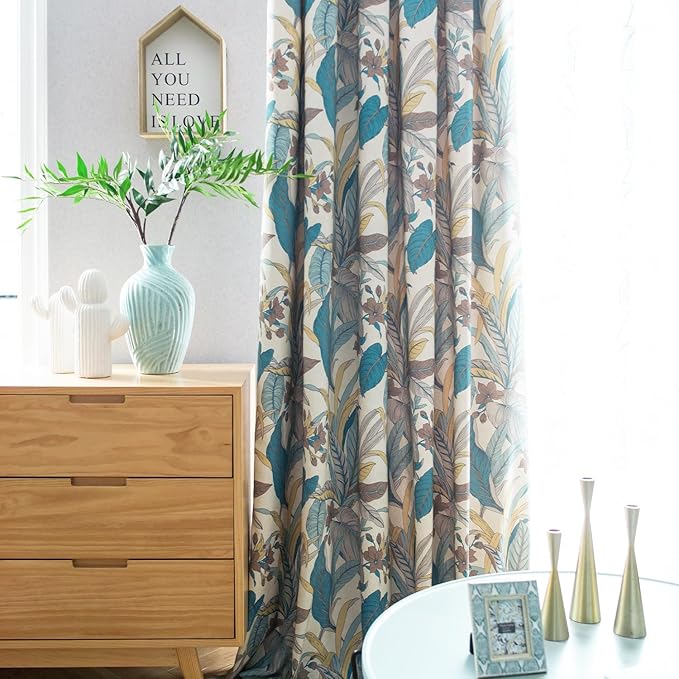 Leeva Printed Window Curtain Set of 2, Lake Blue Leaves Pattern Window Treatment for Living Room, Grommet Room Darkening Curtains 63 Inches Long, 52 x 63