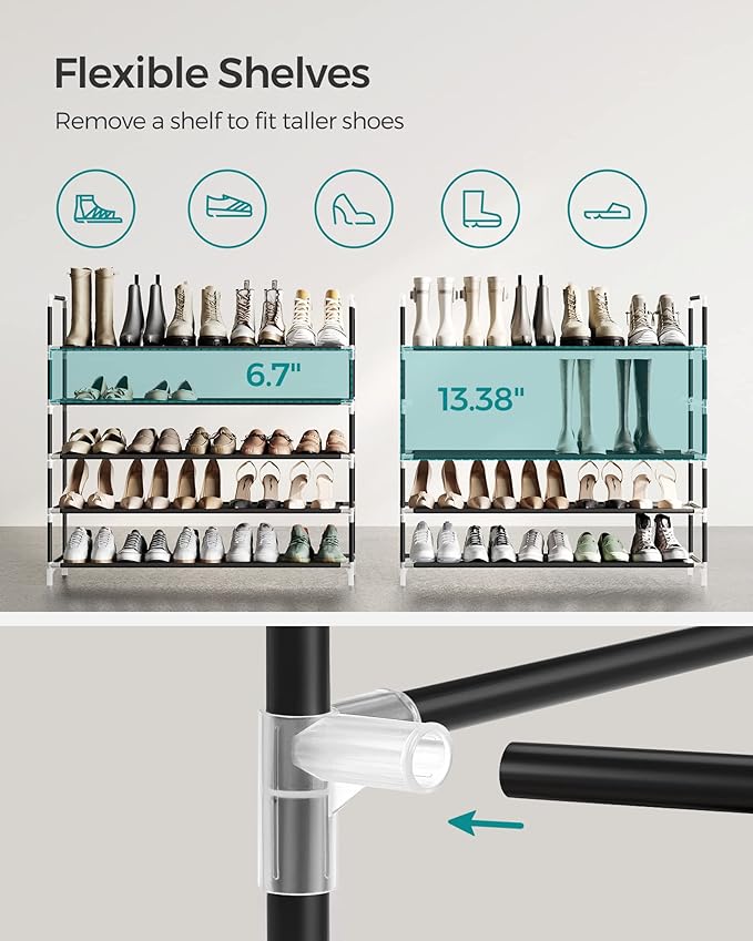 SONGMICS 5-Tier Shoe Rack, Shoe Storage for Hallway Closet, Slim and Space-Saving, Metal Frame, Non-Woven Fabric Shelves, Black ULSH55H