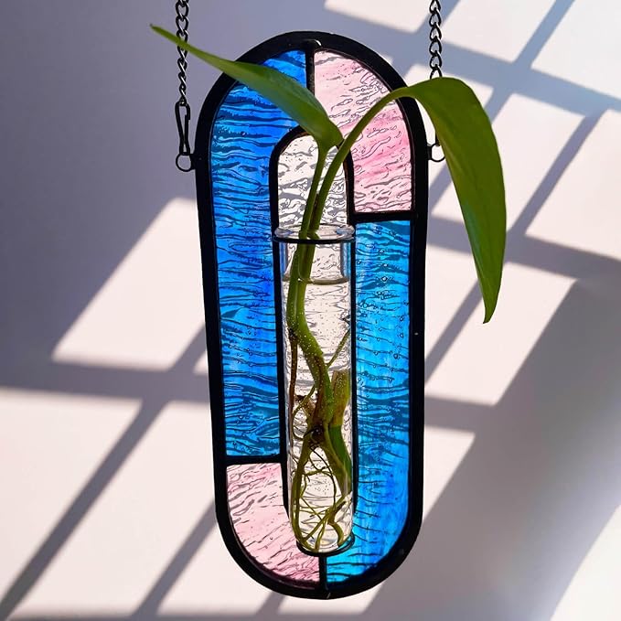 LITMIND Stained Glass Plant Propagation Station, Hanging Hydroponic Planter Terrarium with 2 Glass Tubes - Perfect for Home & Garden Décor